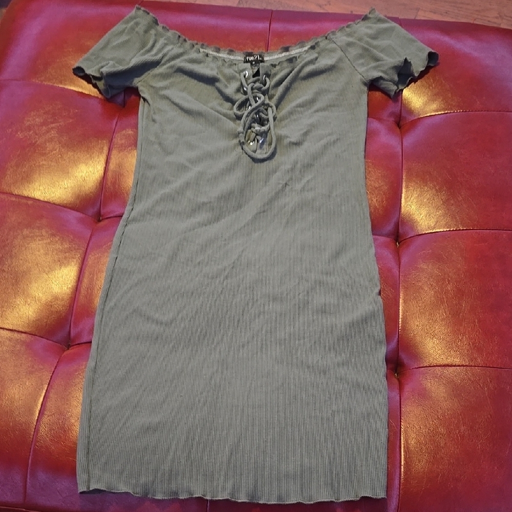 Ribbed Olive Green Off-Shoulder Dress